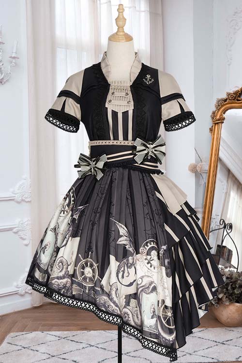Pirate Boat Series OP Retro Irregular Big Hem Punk Lolita Short Sleeve Dress - Black - 4