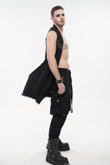 Black Aluminum Chain Stitching Design Distressed Cotton Linen All Seasons Men's Punk Vest - Product - 5