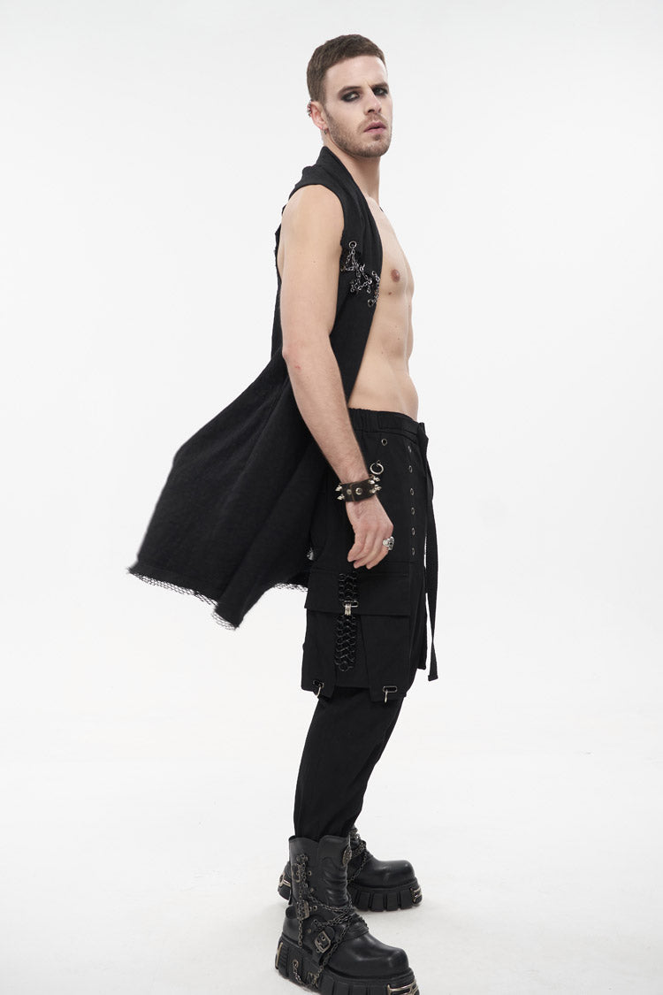 Black Aluminum Chain Stitching Design Distressed Cotton Linen All Seasons Men's Punk Vest - Product - 5