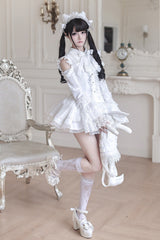 White [Snowy Night Princess] Lapel Collar Long Hime Sleeves Ruffled Bow Lace Gothic Jirai Kei Japanese Skirt Set - Product - 21