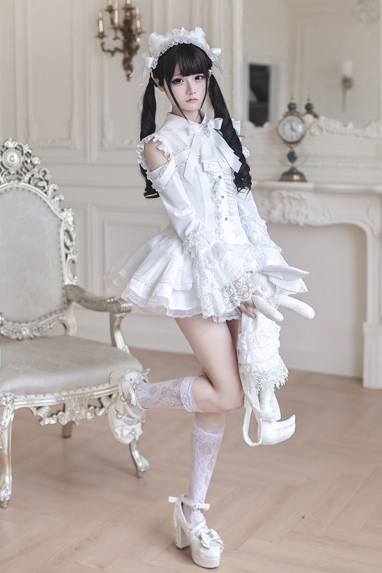 White [Snowy Night Princess] Lapel Collar Long Hime Sleeves Ruffled Bow Lace Gothic Jirai Kei Japanese Skirt Set - Product - 21