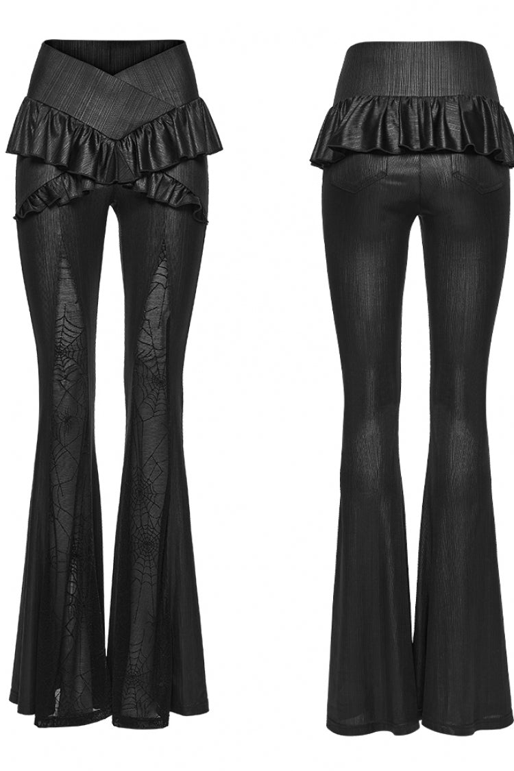 Black Ruffled Women's GothicRuffled Cobweb Pattern Flared Pants - Product - 9