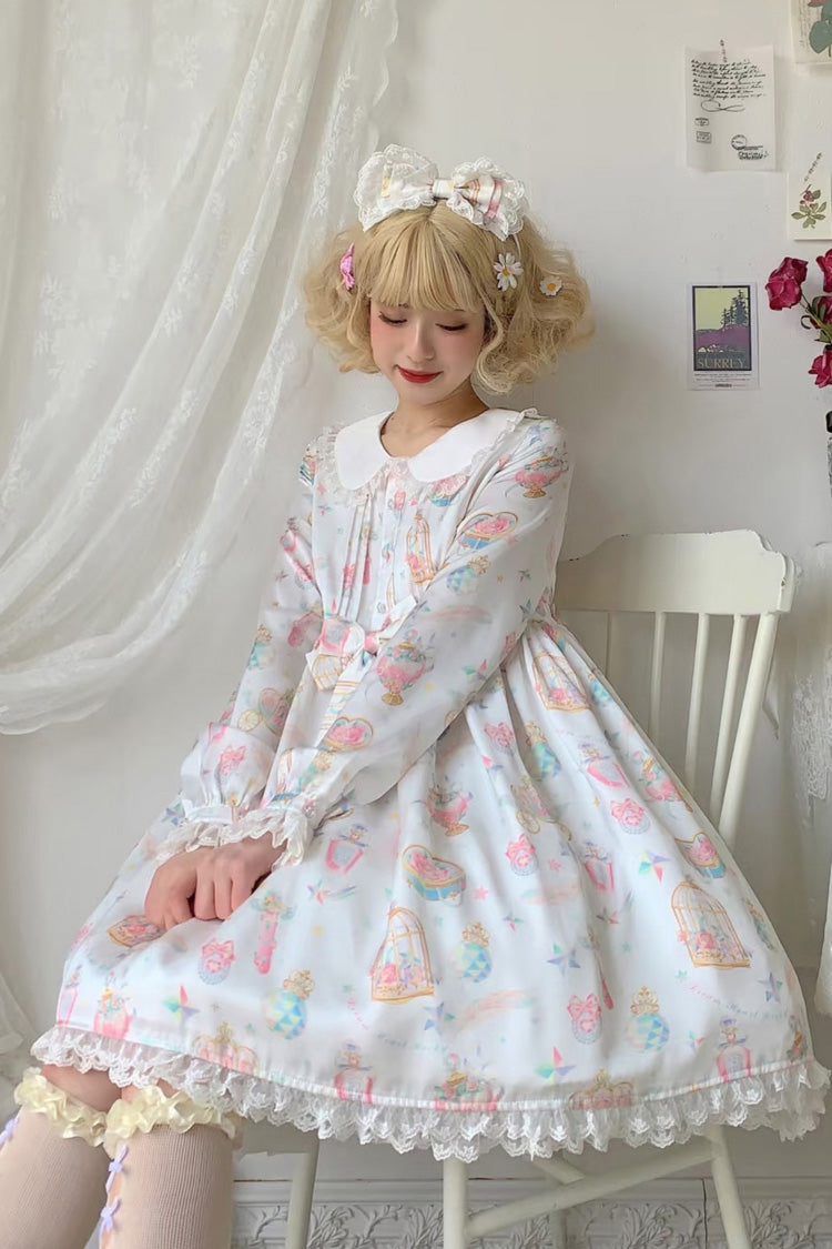 White/Apricot Long Sleeves Print Bowknot Lace Sweet Plus Size Lolita Dress - Product - 4
