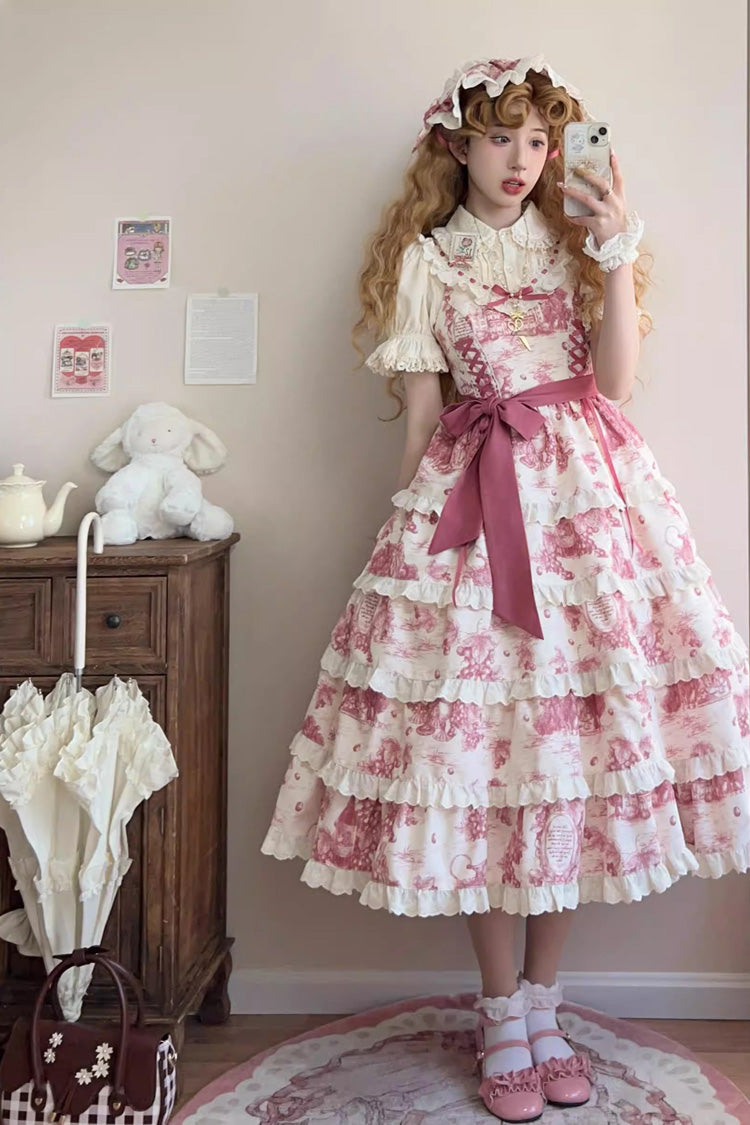 Rose Red [Grape Moon Almanac] Sleeveless Multi-Layered Printed Ruffled Bow Adjustable-Length Sweet Lolita Jsk Dress - Product - 6