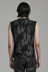 Black/Grey Round Collar Sleeveless Print Ripped Distressed Eyelet Men's Gothic Tank Top - Product - 3