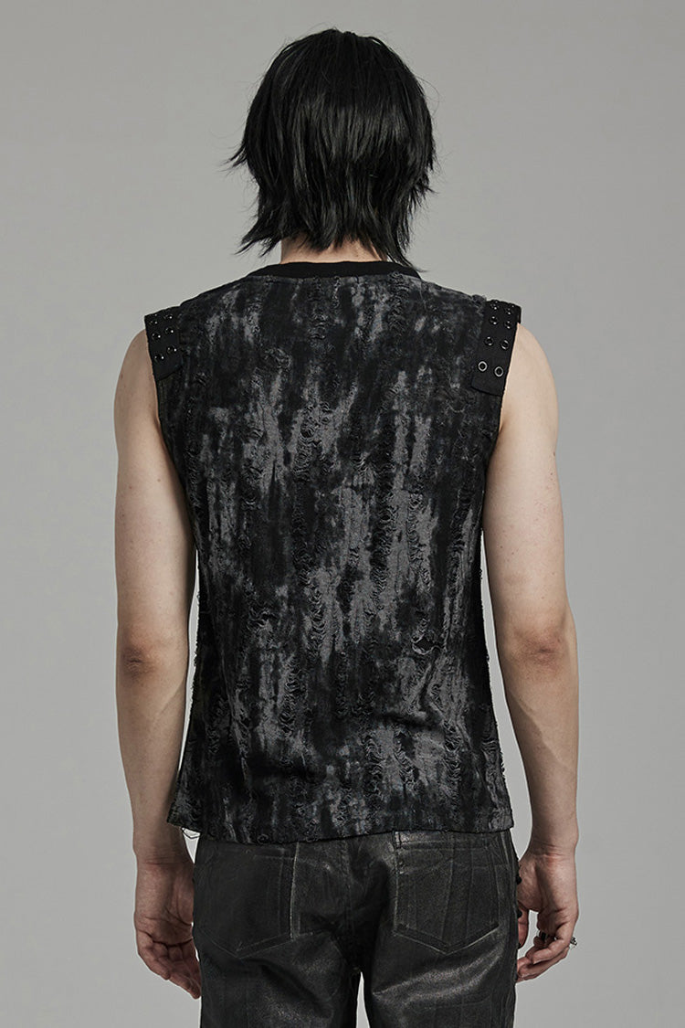 Black/Grey Round Collar Sleeveless Print Ripped Distressed Eyelet Men's Gothic Tank Top - Product - 3