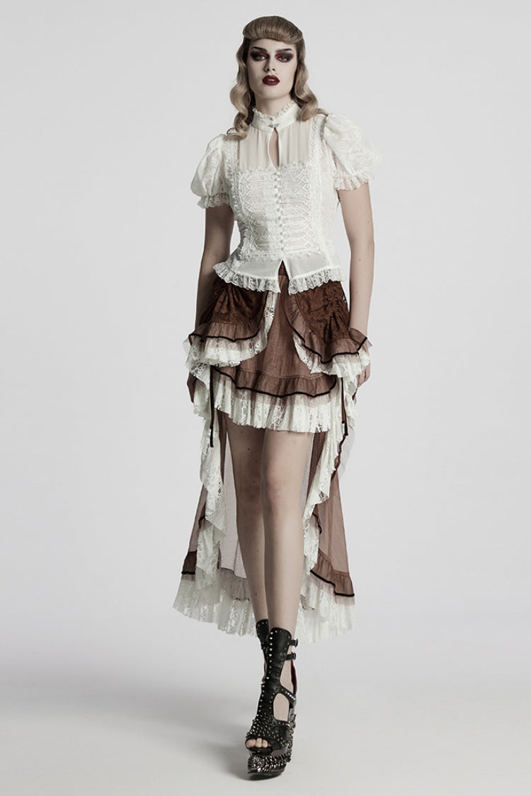White Stand Collar Long Puff Sleeves Jacquard Lace Women's Gothic Blouse - Product - 4