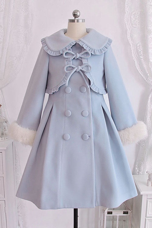 Blue Double Breasted Bowknot Plush Long Sleeves Fake Two-Piece Woolen Lolita Coat - Blue - 1