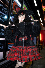 Black/Red [Night Cat] Plaid Print Ruffle Bowknot Hooded Sweet Lolita Skirt Coat - Product - 2