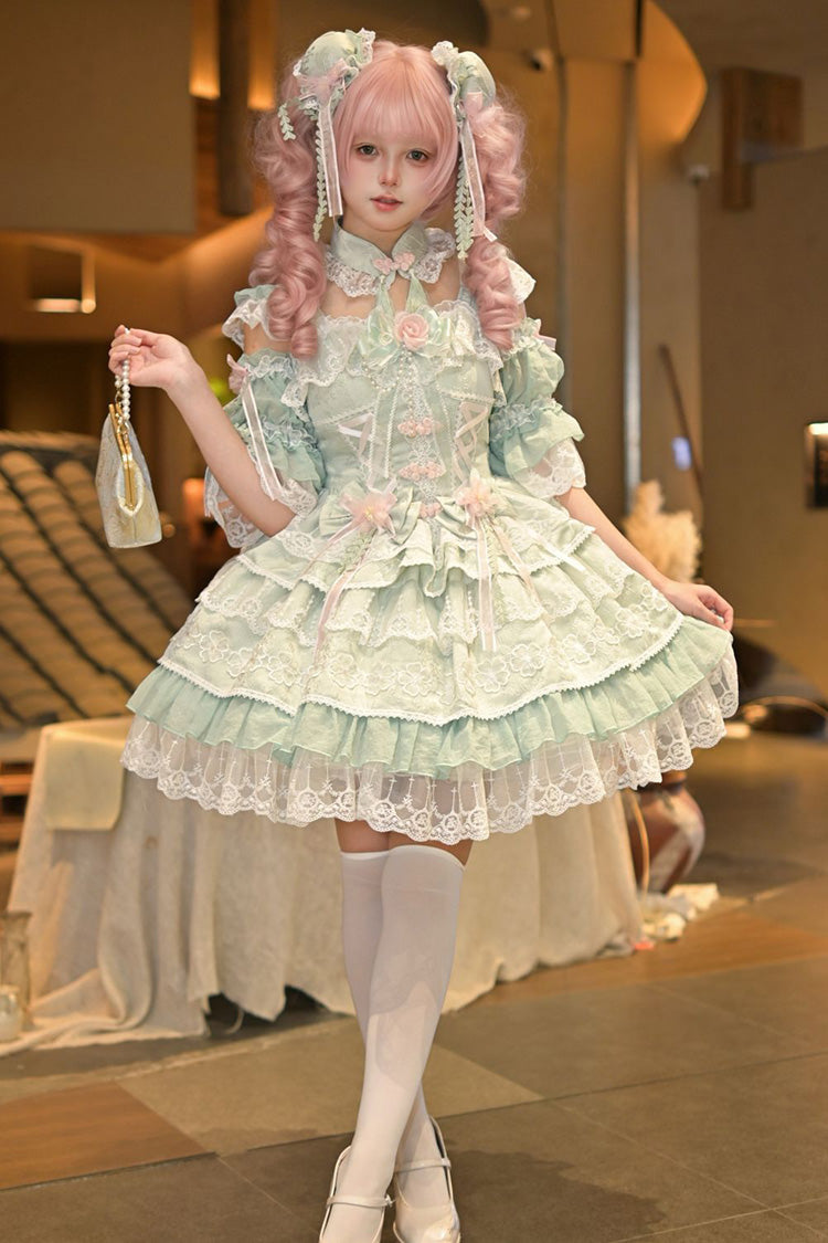 Green [Rain of Peaches] Sleeveless Multi-Layered Bowknot Lace Sweet Chinese Style Lolita Jsk Dress - Product - 5