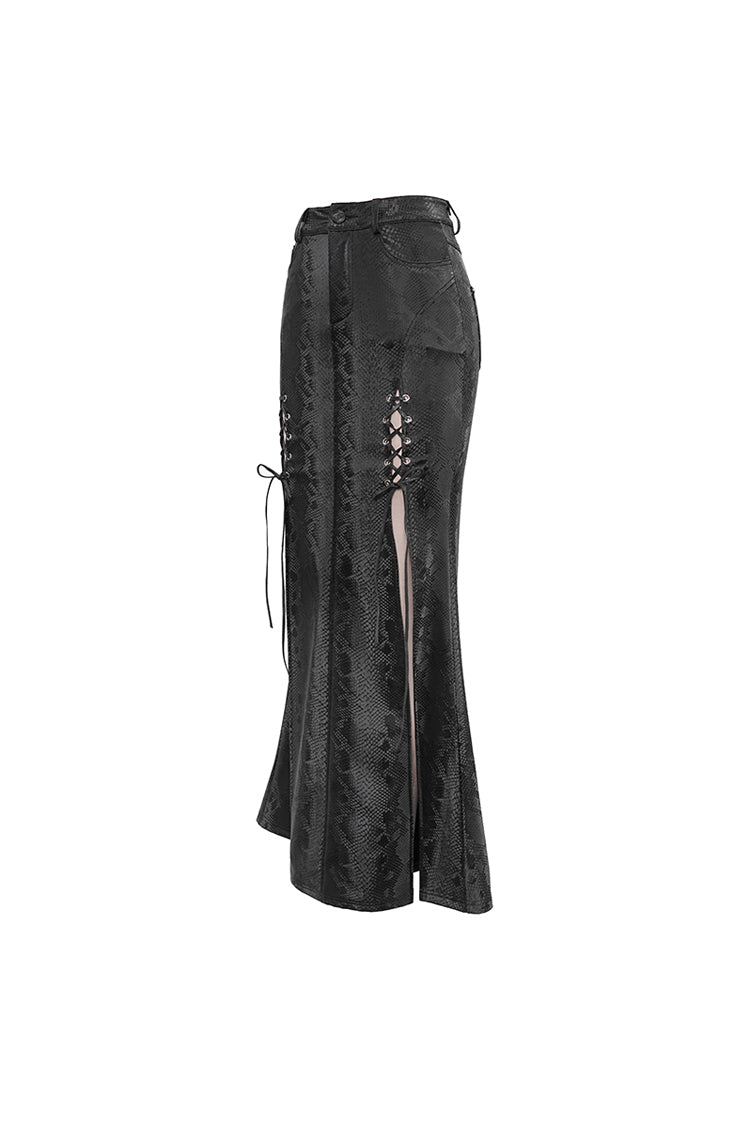Black Snake Like Leather Side Slit Hem Lace Up Rivet Long Women's Punk Skirt - Product - 7