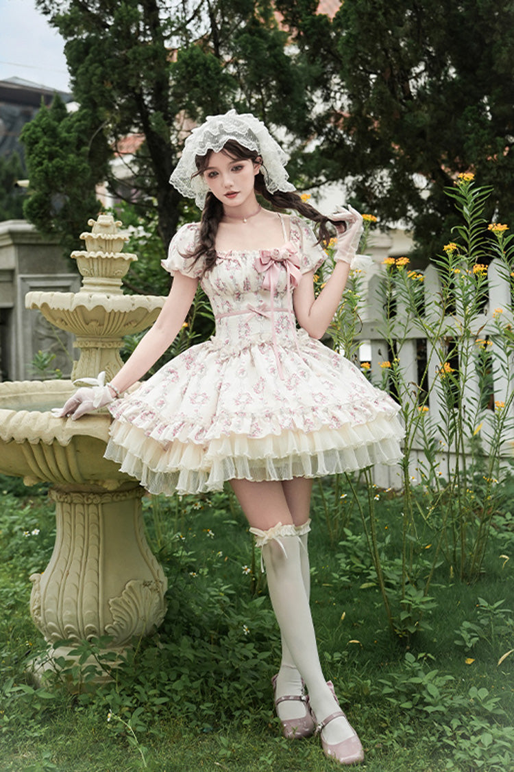 Ivory [Rose After The Rain] Short Sleeves Triple-Layered Print Ruffle Bowknot Lace-Up Sweet Lolita Short Dress - Product - 4