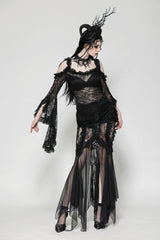 Black Lace-Up Mesh Spliced Lace Women's Gothic Fishtailed Skirt - Product - 7