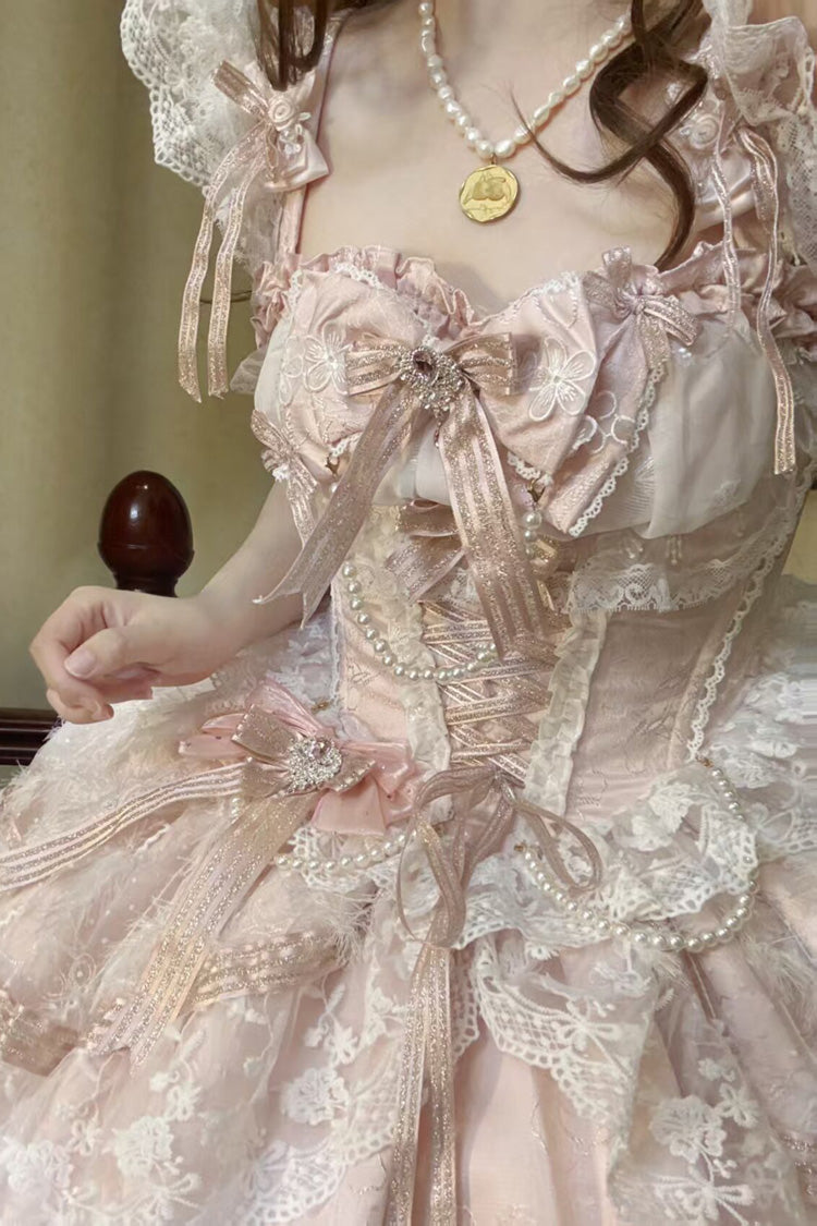 Pink [Anna’s Ball] Square Collar Ruffled Hanayome Bow Lace Sweet Princess Ballet Lolita Jsk Dress - Product - 4