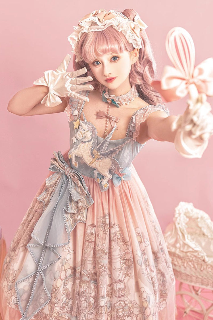 Pink [Cloud Paradise] Print Ruffle Embroidery Bowknot Lace Sweet Lolita Jsk Dress - Product - 3