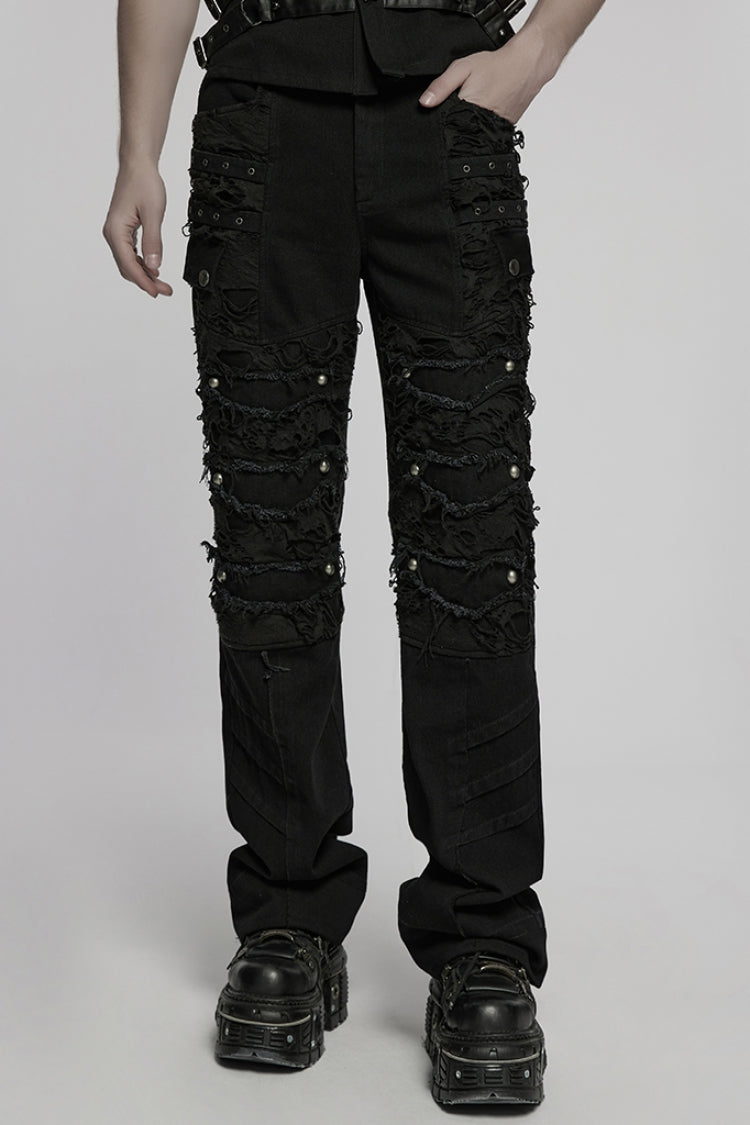 Black Ripped Men's Punk Straight Pants - Black - 1