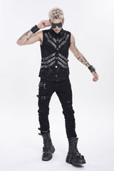 Black Lapel Collar Sleeveless Multi-Layered Printed Tie-dyed Buckled Men's Punk Shirt - Product - 6