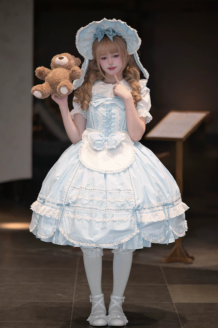 Blue [Petal Bunny] Cotton Sleeveless Ruffled Bow Lace Sweet Elegant Lolita Jsk Dress - Product - 13