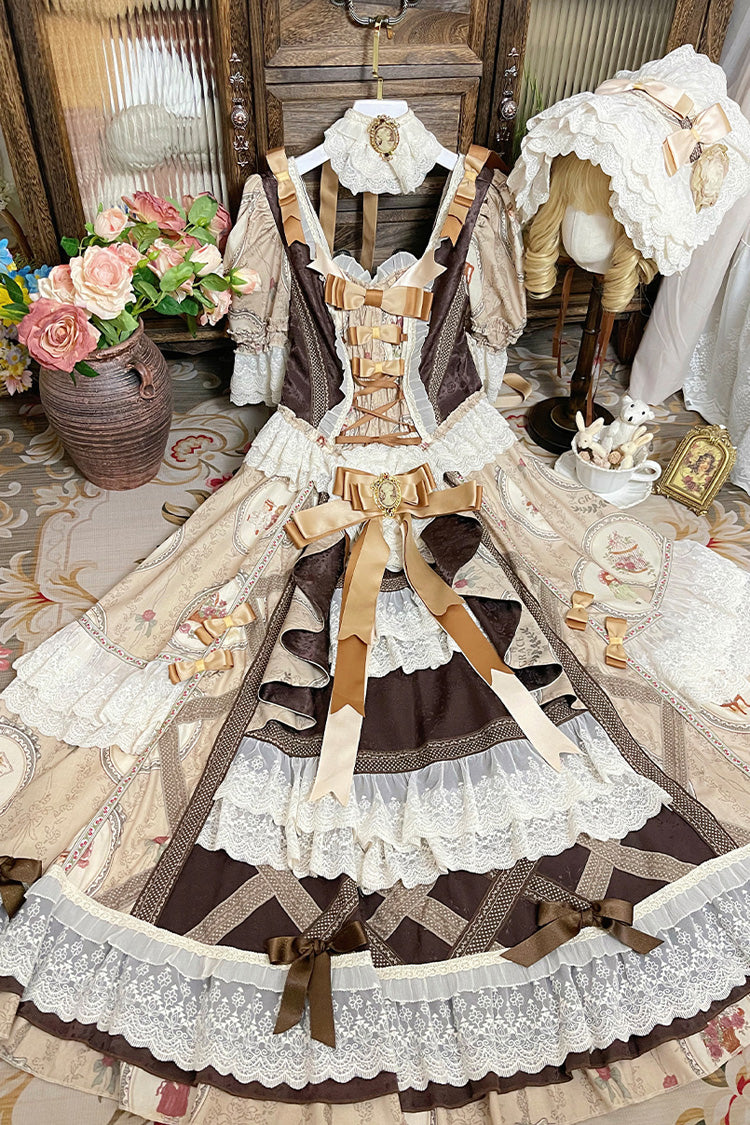 Brown [Baker Street Tea Party] Short Sleeves High Waisted Print Ruffle Embroidery Cardigan Bowknot Lace-Up Classic Vintage Princess Lolita Dress - Product - 11