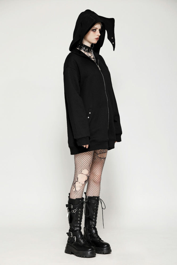 Black Long Sleeves Zippered Women's Gothic Batwing Hoodie - Product - 7