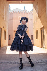Black Solid Color Tower of Dawn Bowknot Sleeveless Ruffle Gothic Lolita Dress - Product - 5
