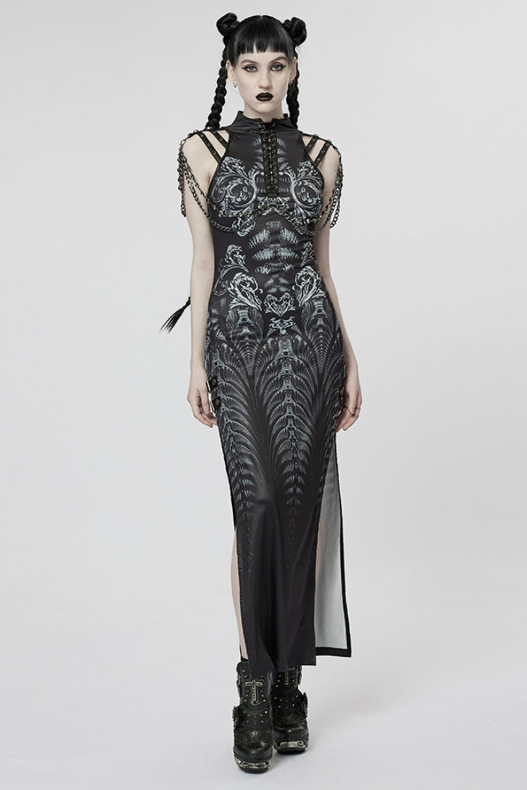 Black Print Lace-Up Side Slit Women's Gothic Dress with Chain - Product - 4