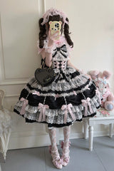Black/Pink [Silk Satin Gift Box] Square Collar Sleeveless Multi-Layered Ruffled Bow Lace Sweet Lolita Jsk Dress - Product - 8