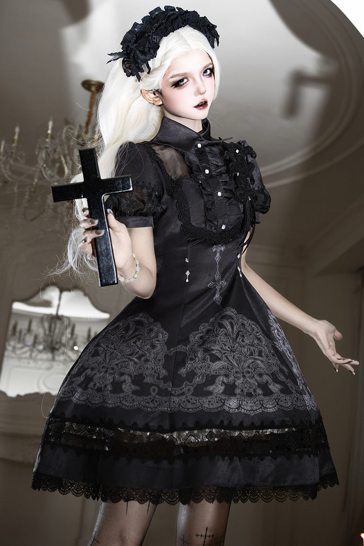 Black Lapel Collar Short Sleeves Ruffled Embroidered Lace Classic Gothic Elegant Lolita Dress - Product - 4