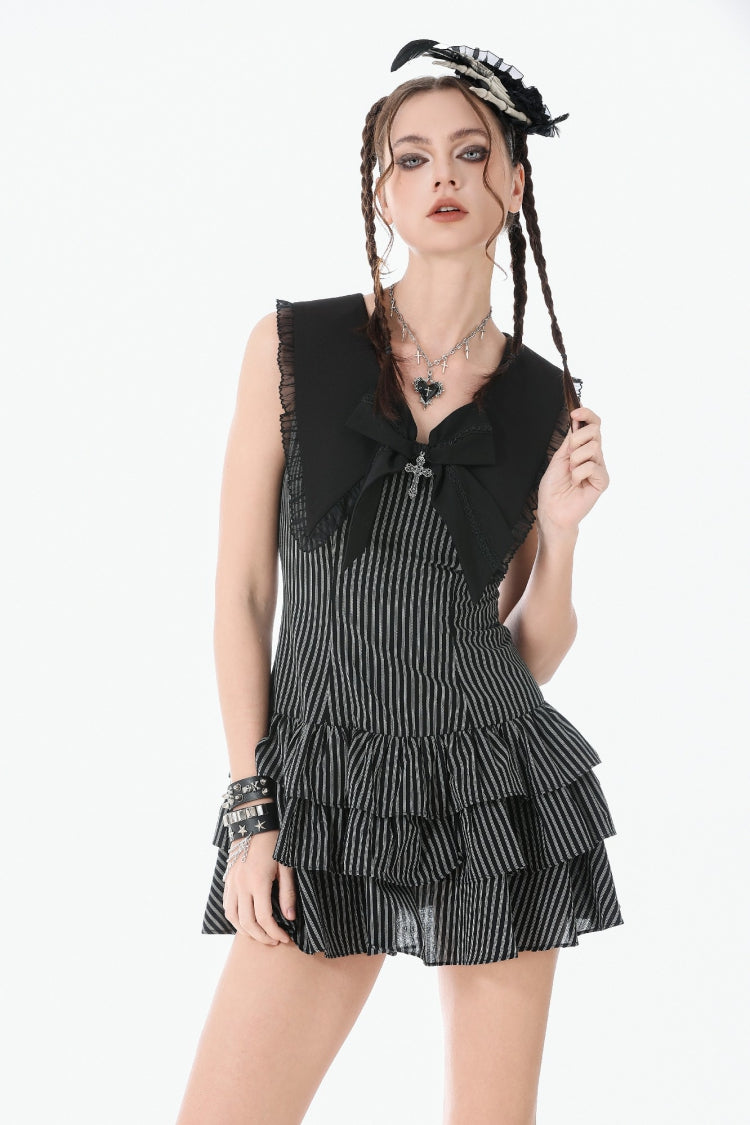Black/Grey Navy Collar Sleeveless Bow Lace-Up Pinstripe Multi-Layered Ruffled Women's Gothic Dress - Product - 2