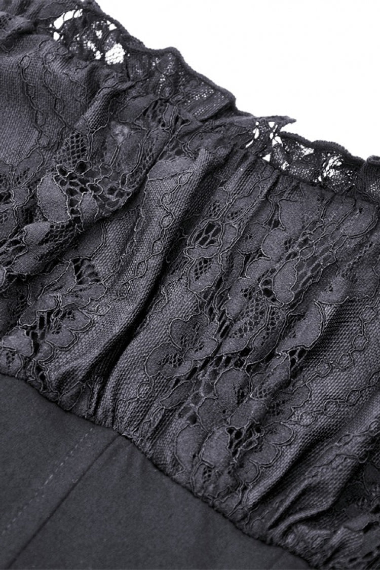 Black Boat Neck Off Shoulder Short Puff Sleeves Ruffled Lace Lace-Up Irregular Women's Gothic Dovetail Dress - Product - 13