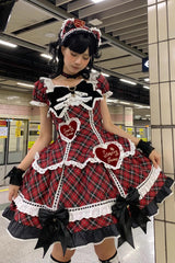 Red [Shibuya Sweetheart] Short Sleeves Plaid Print Ruffle Bowknot Sweet Lolita OP Dress (Plus Size Support) - Product - 4