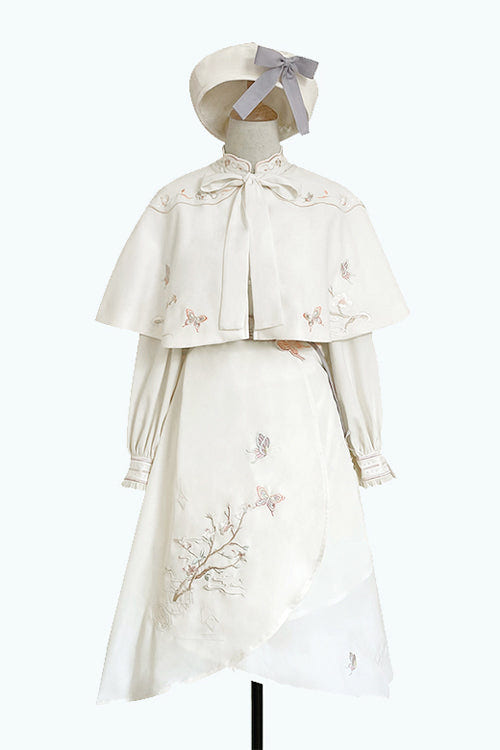 Beige Retro Stand Up Collar Ruffled Lantern Sleeves Butterfly Embroidery Classic Lolita OP Dress Full Set - Product - 6