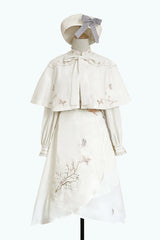 Beige Retro Stand Up Collar Ruffled Lantern Sleeves Butterfly Embroidery Classic Lolita OP Dress Full Set - Product - 6