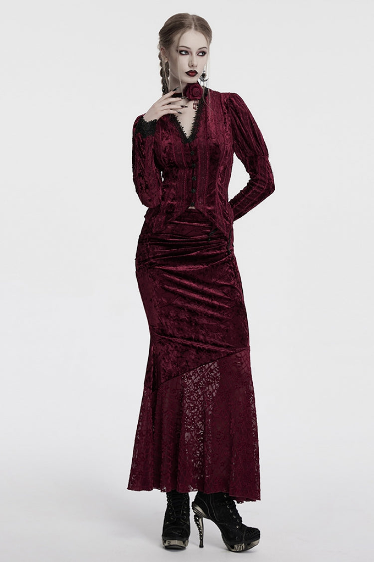 Red Batwing Hollow Embroidery Stitching Lace Women's Gothic Fishtailed Skirt - Product - 4