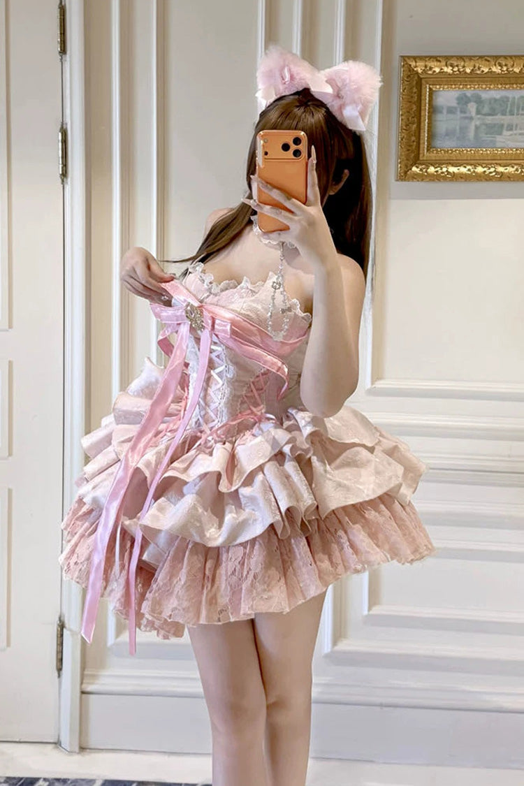 Pink [Kitten Sweetheart] Multi-Layered Ruffled Bow Lace-Up Princess Ballet Sweet Lolita Jsk Dress - Product - 9