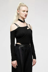 Black Off Shoulder Long Sleeves Hollow Irregular Women's Steampunk Bodysuit - Product - 2