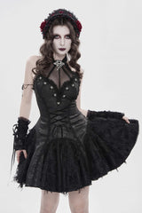 Black Off Shoulder Sleeveless Printed Spliced Lace Lace-Up Pleated Women's Gothic Dress - Product - 10