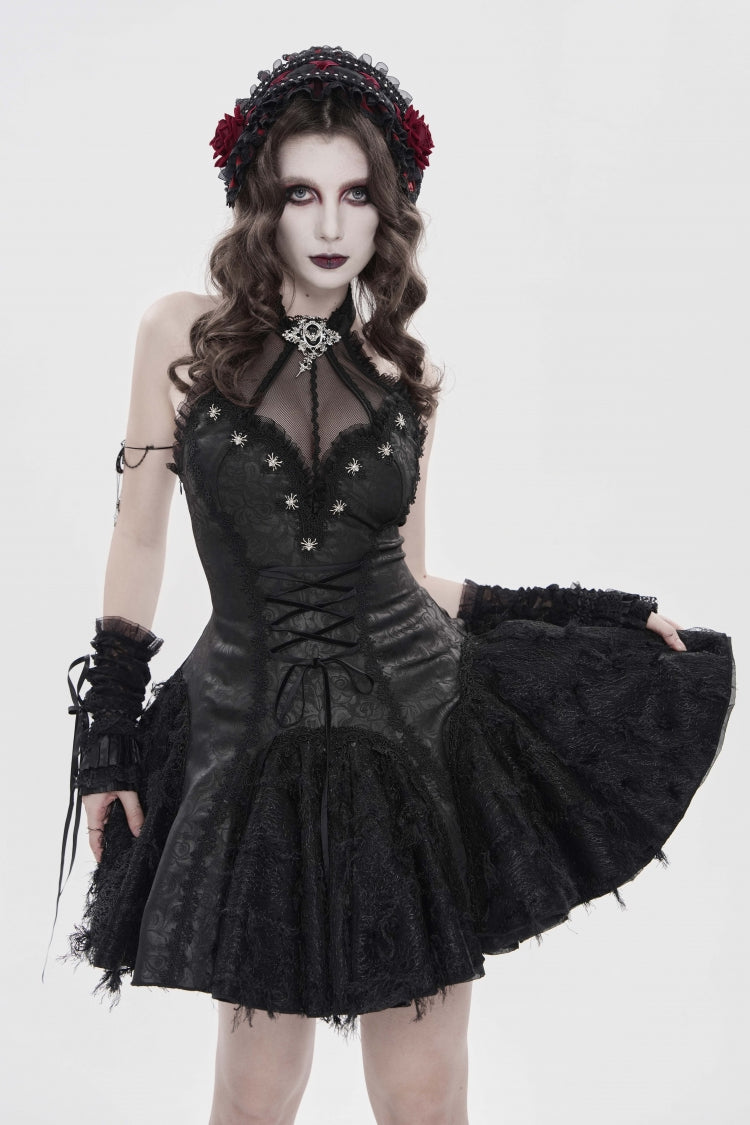 Black Off Shoulder Sleeveless Printed Spliced Lace Lace-Up Pleated Women's Gothic Dress - Product - 10