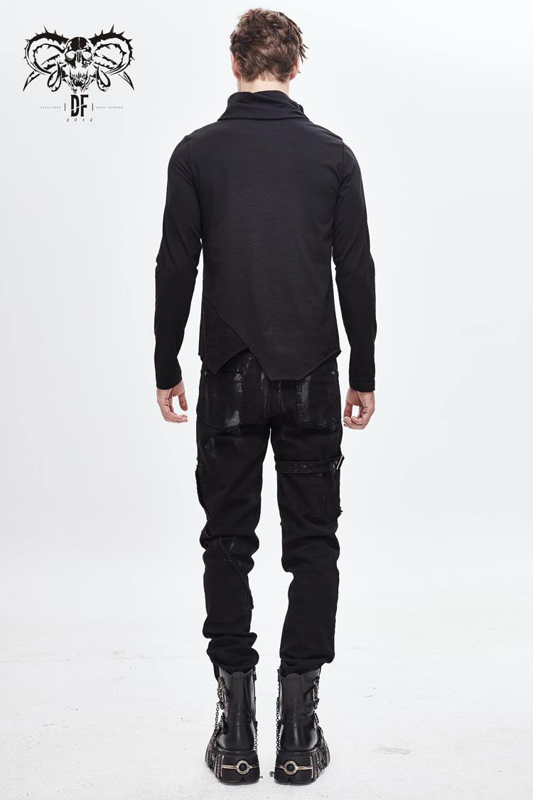 Black Worn Out Cross Shaped Hasp High Collar Asymmetric Hem Men's Punk T-Shirt - Product - 5