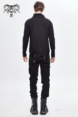 Black Worn Out Cross Shaped Hasp High Collar Asymmetric Hem Men's Punk T-Shirt - Product - 5