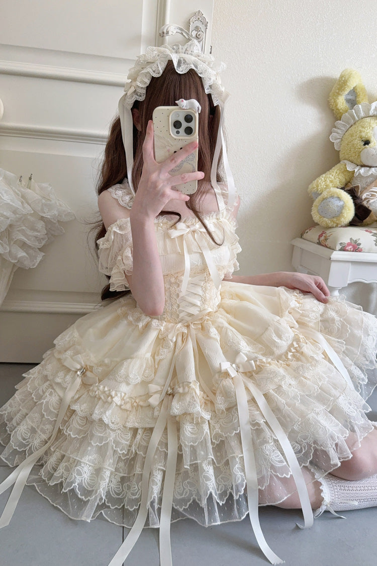 Apricot [Ribbon Heart Love] Sleeveless Multi-Layered Ruffle Bowknot Lace Lace-Up Sweet Princess Ballet Lolita Jsk Dress - Product - 9