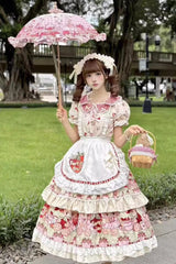 Ivory [Bear Strawberry Ode] Print Short Sleeves Double-Layered Ruffle Bowknot Sweet Princess Lolita Jsk Dress - Product - 2