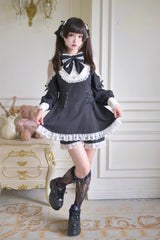 Black/White [Divine love] Long Sleeves Hollow Bowknot Lace Lace-Up Sweet Jirai Kei Dress Shorts Set - Black/White - 1
