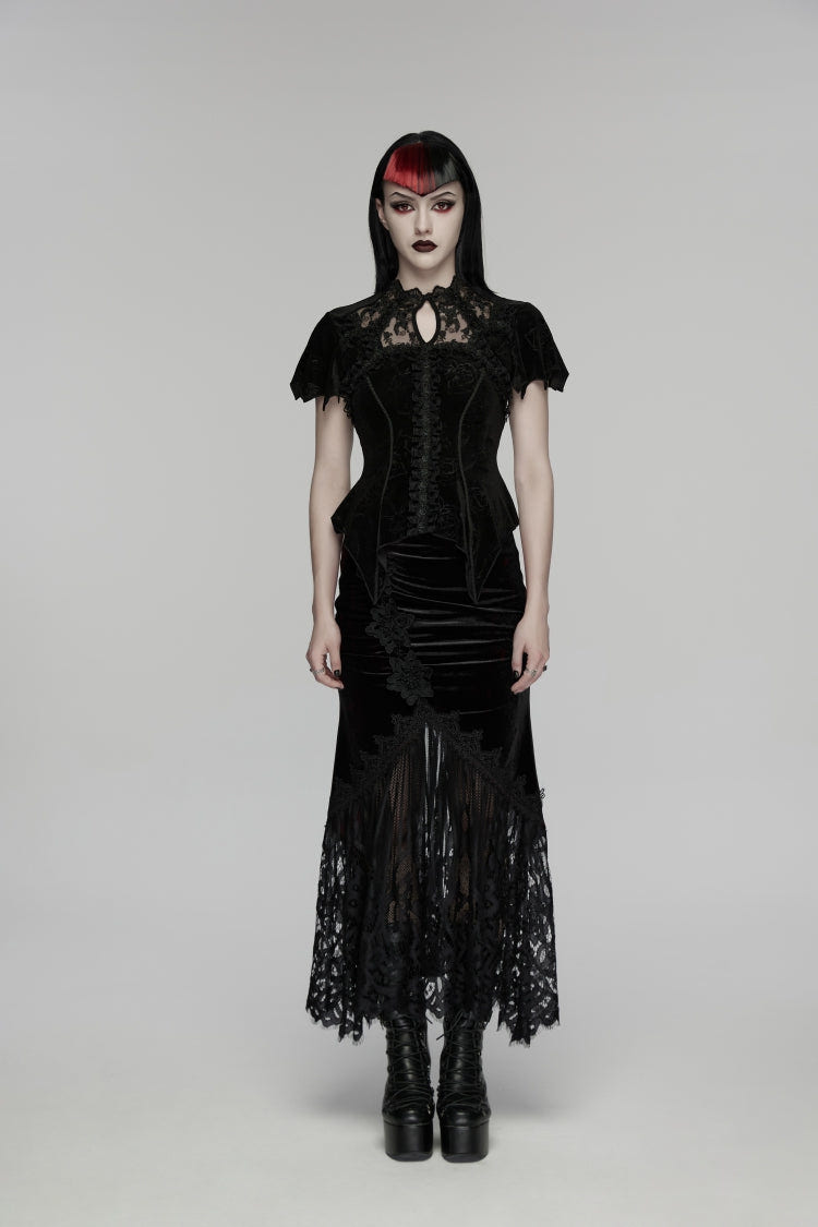 Black Stand Collar Short Sleeves Rose Printed Cut-Out Lace Women's Gothic Blouse - Product - 2