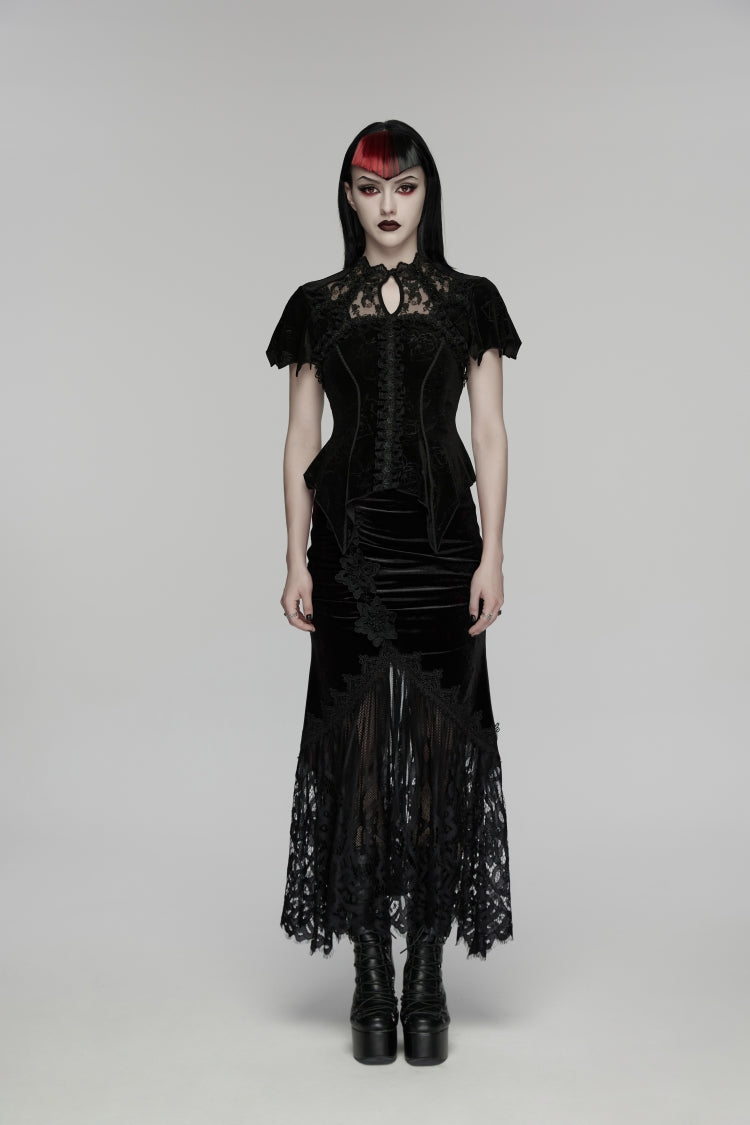 Black Stand Collar Short Sleeves Rose Printed Cut-Out Lace Women's Gothic Blouse - Product - 2