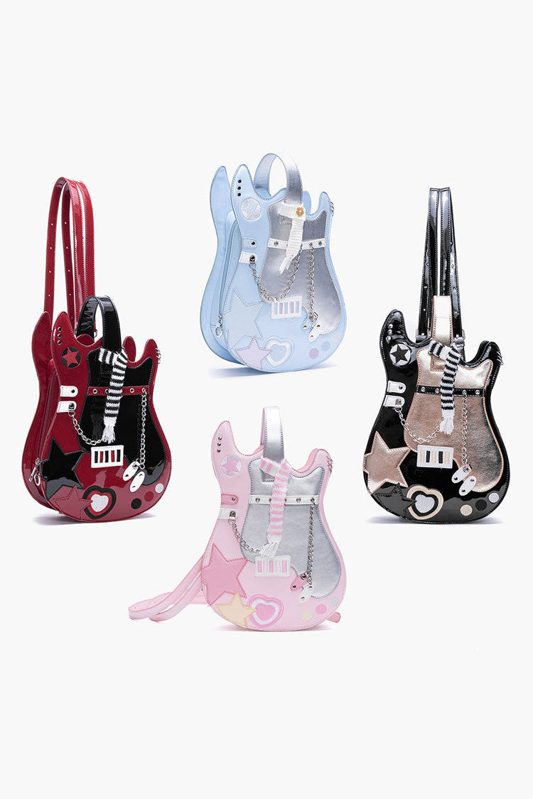 Guitar Heart Creative Color-Block Embroidered Chain-Decorated Sweet Lolita Itabag 4 Colors - Black/Red - 1