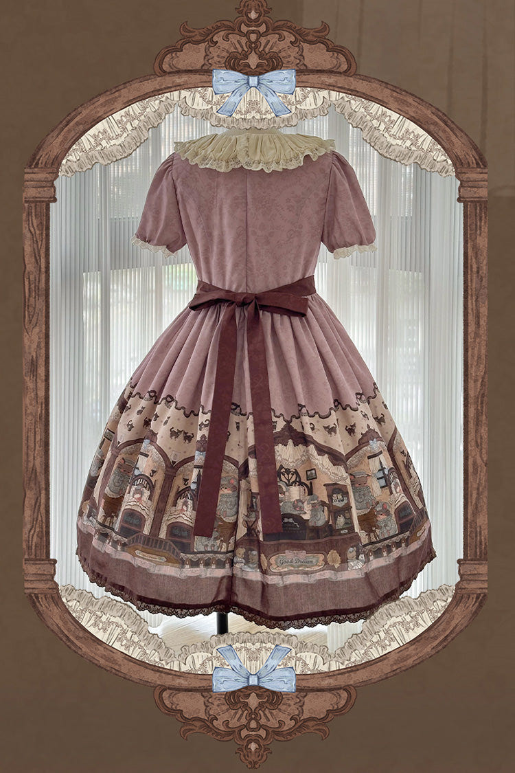 Pink/Purple Short Sleeves Bear Print Bowknot Classic Lolita Dress - Product - 2
