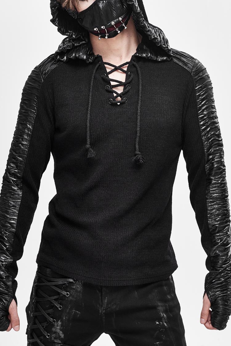 Black Chest Lace Up Vertical Stripes Woolen Splice Bright Crimped Fabric Hooded Men's Punk T-Shirt - Black - 1