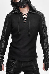 Black Chest Lace Up Vertical Stripes Woolen Splice Bright Crimped Fabric Hooded Men's Punk T-Shirt - Black - 1