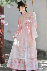 Pink [Spring Scenery Gardens] Collar High Waisted Embroidered Women's Sweet Hanfu Dress Set - Pink - 1